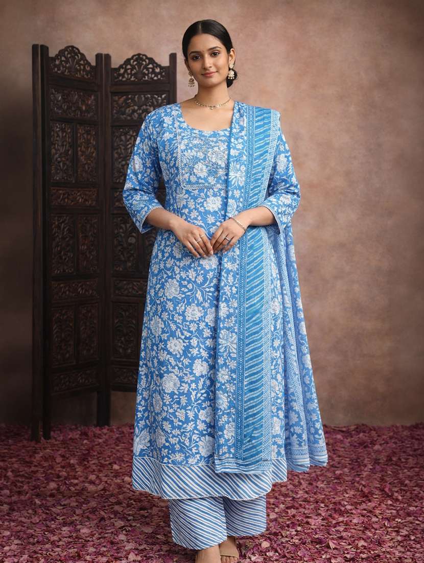 women blue cotton fit & flare ethnic dress