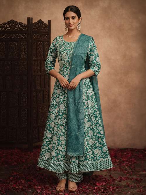 Women Sea Green Cotton Fit & Flare Ethnic Dress