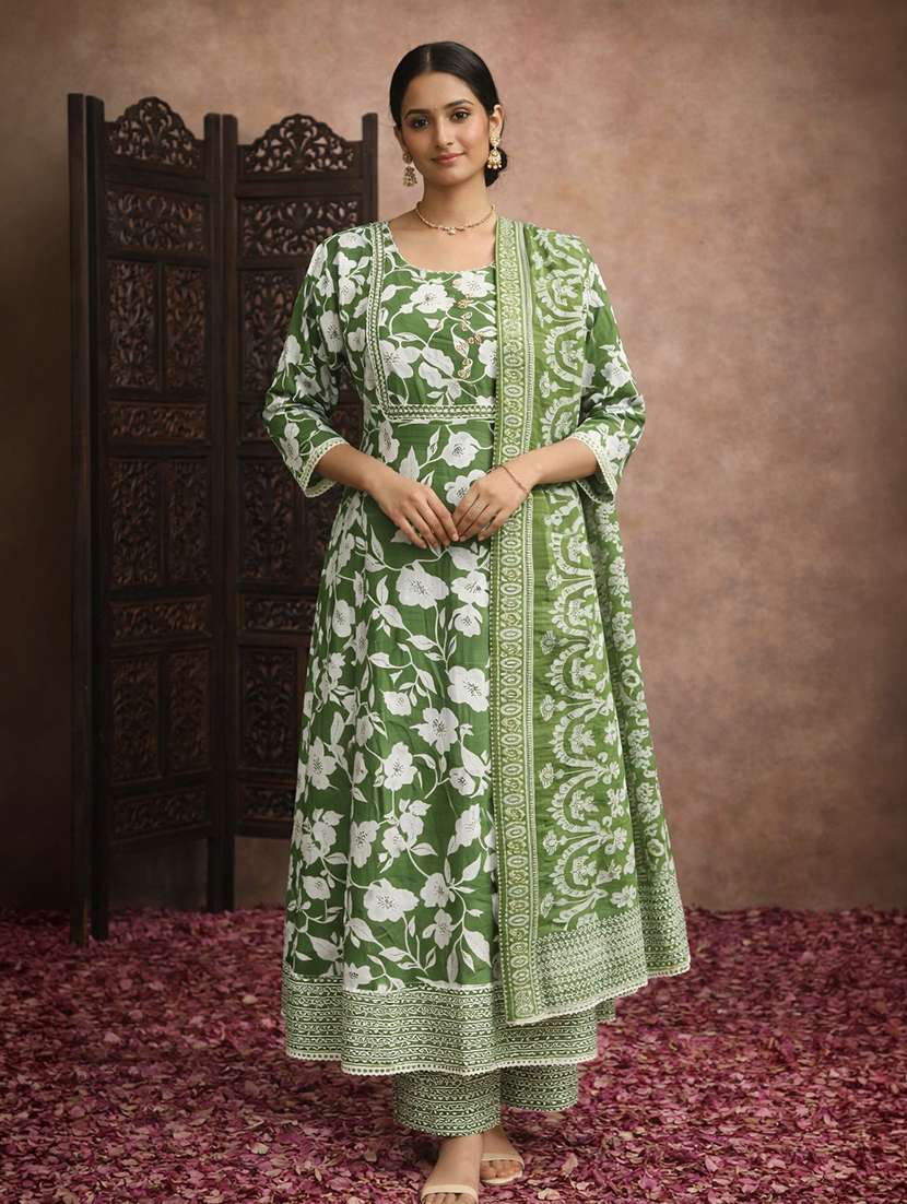 women olive cotton fit & flare ethnic dress