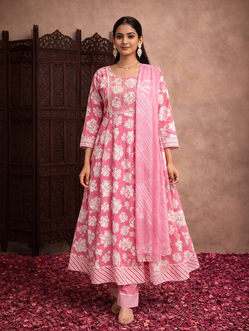 women pink cotton fit & flare ethnic dress