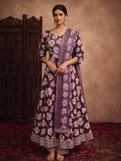 Women Purple Cotton Fit & Flare Ethnic Dress