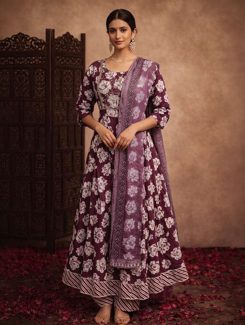 women purple cotton fit & flare ethnic dress