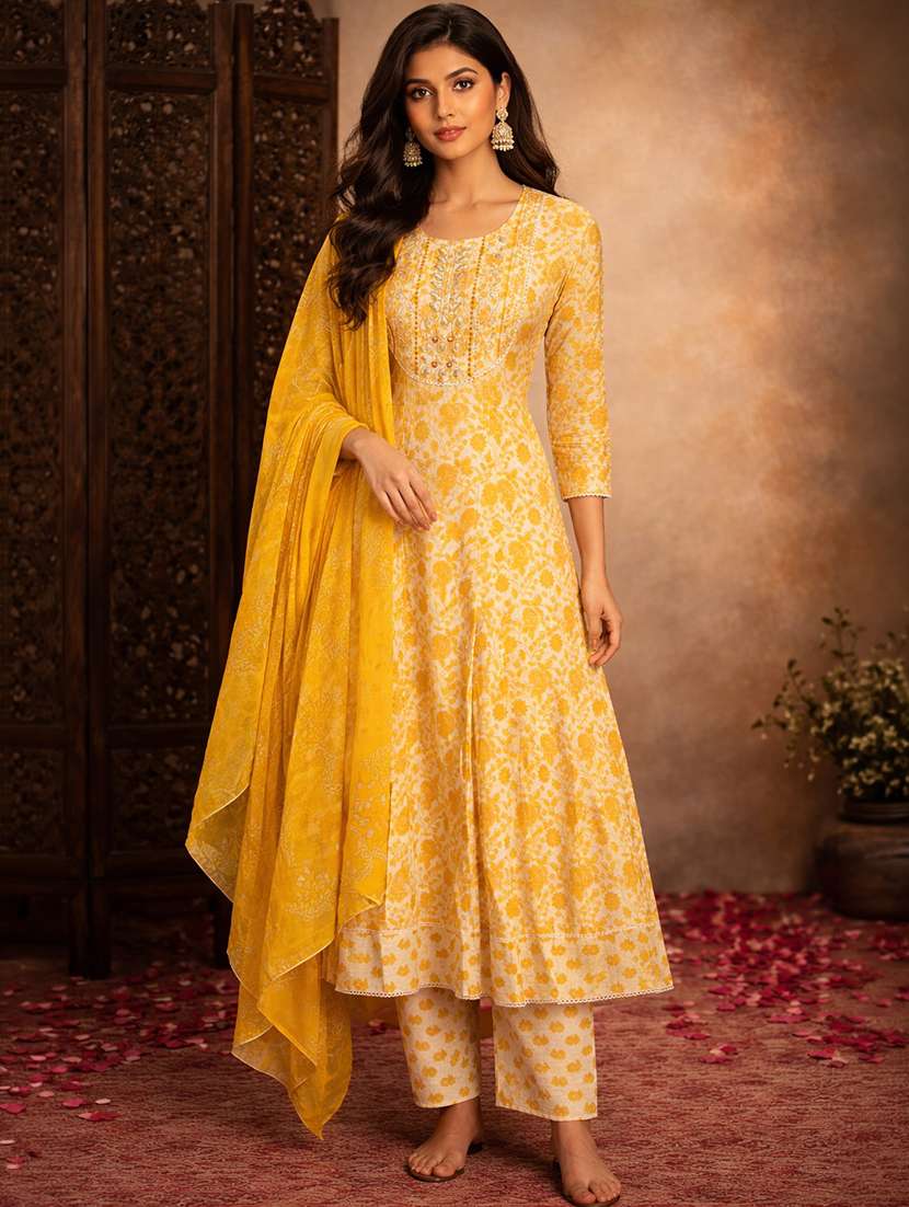 women yellow cotton fit & flare ethnic dress