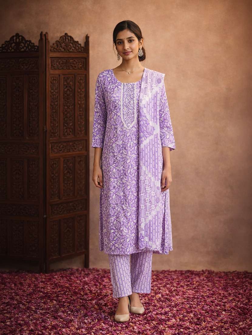 women lavender cotton straight ethnic dress