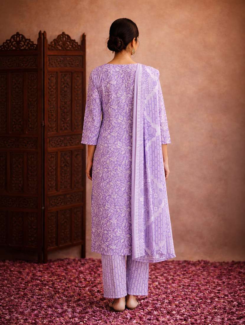 women lavender cotton straight ethnic dress - 22463139 -  Standard Image - 3