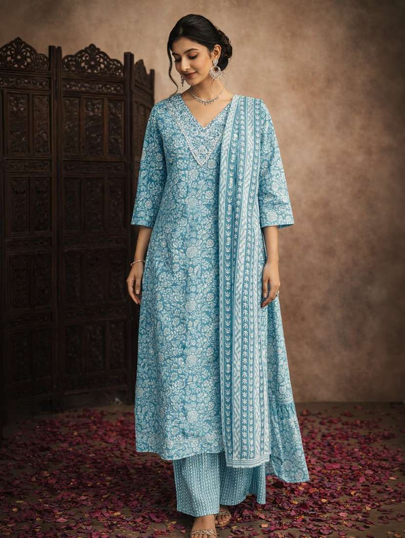 women blue cotton straight ethnic dress