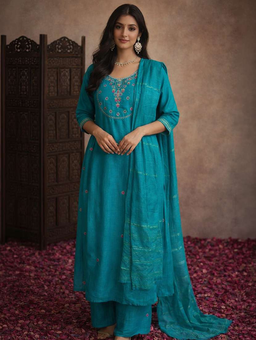 women teal cotton blend straight ethnic dress