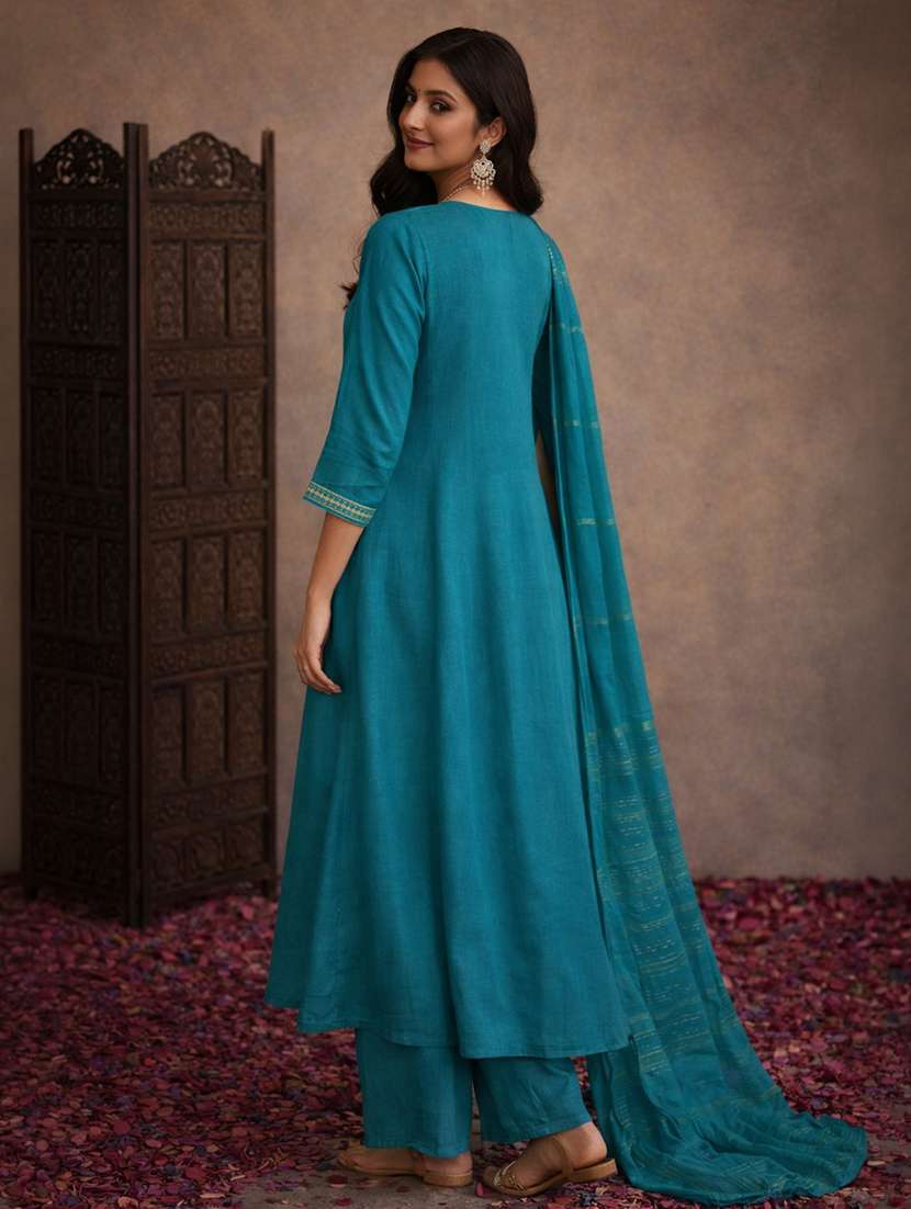 women teal cotton blend straight ethnic dress - 22463147 -  Standard Image - 3