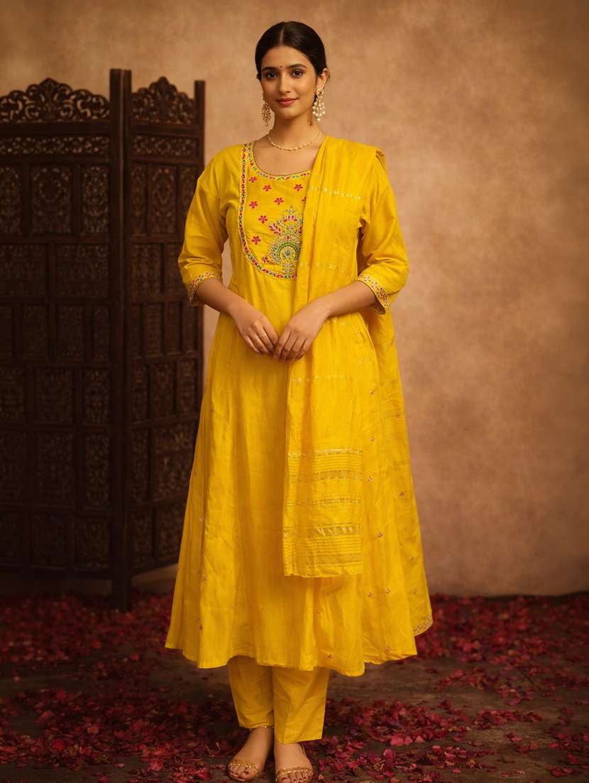women yellow cotton blend straight ethnic dress