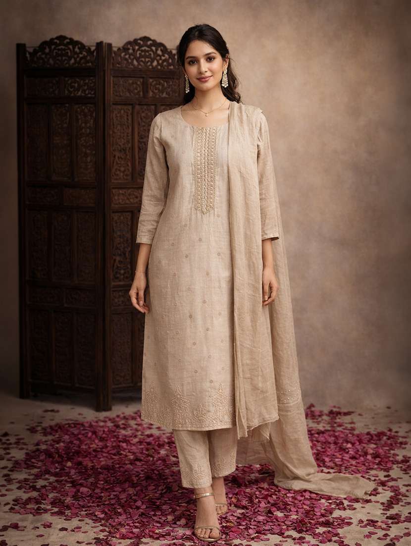 wome beige cotton blend straight ethnic dress