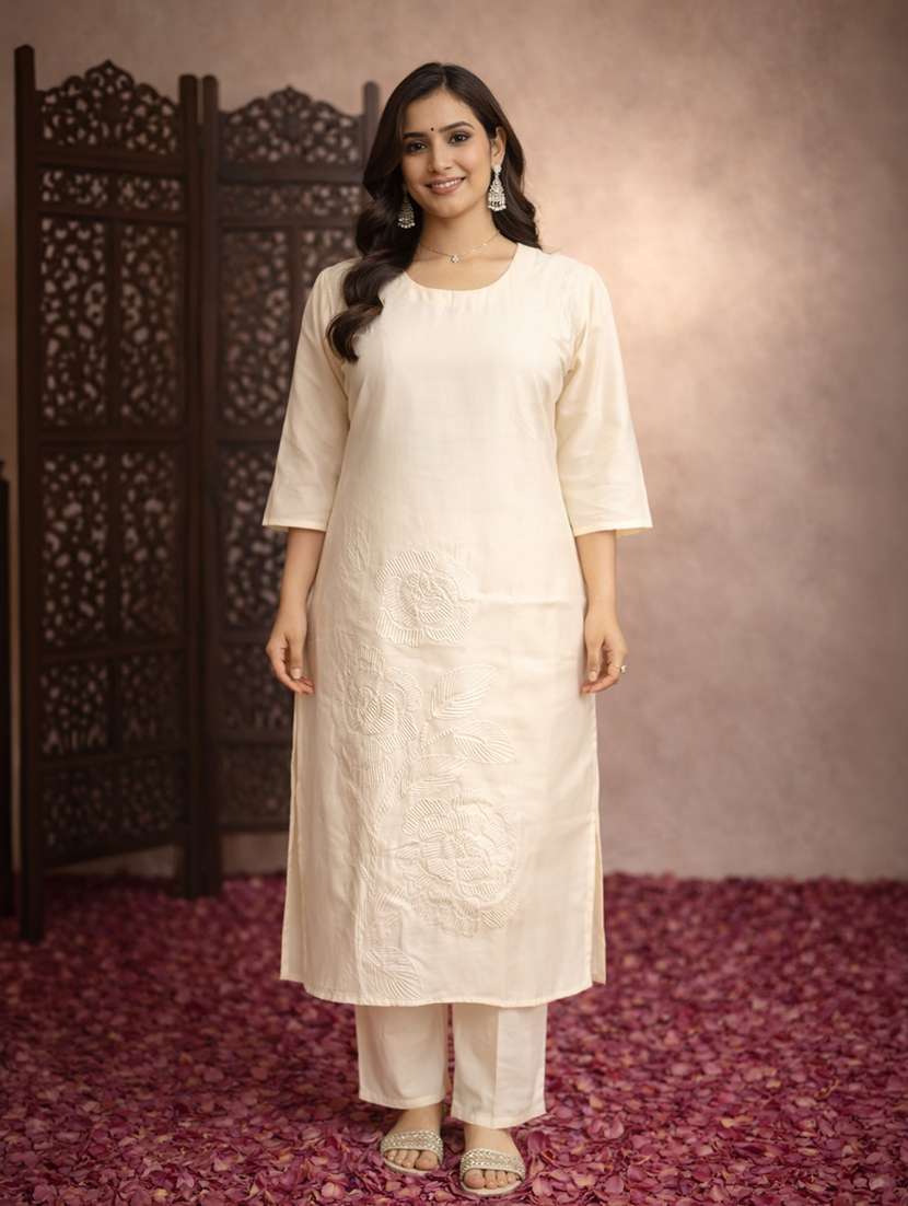 women solid with work three quarter sleeve kurta pant set