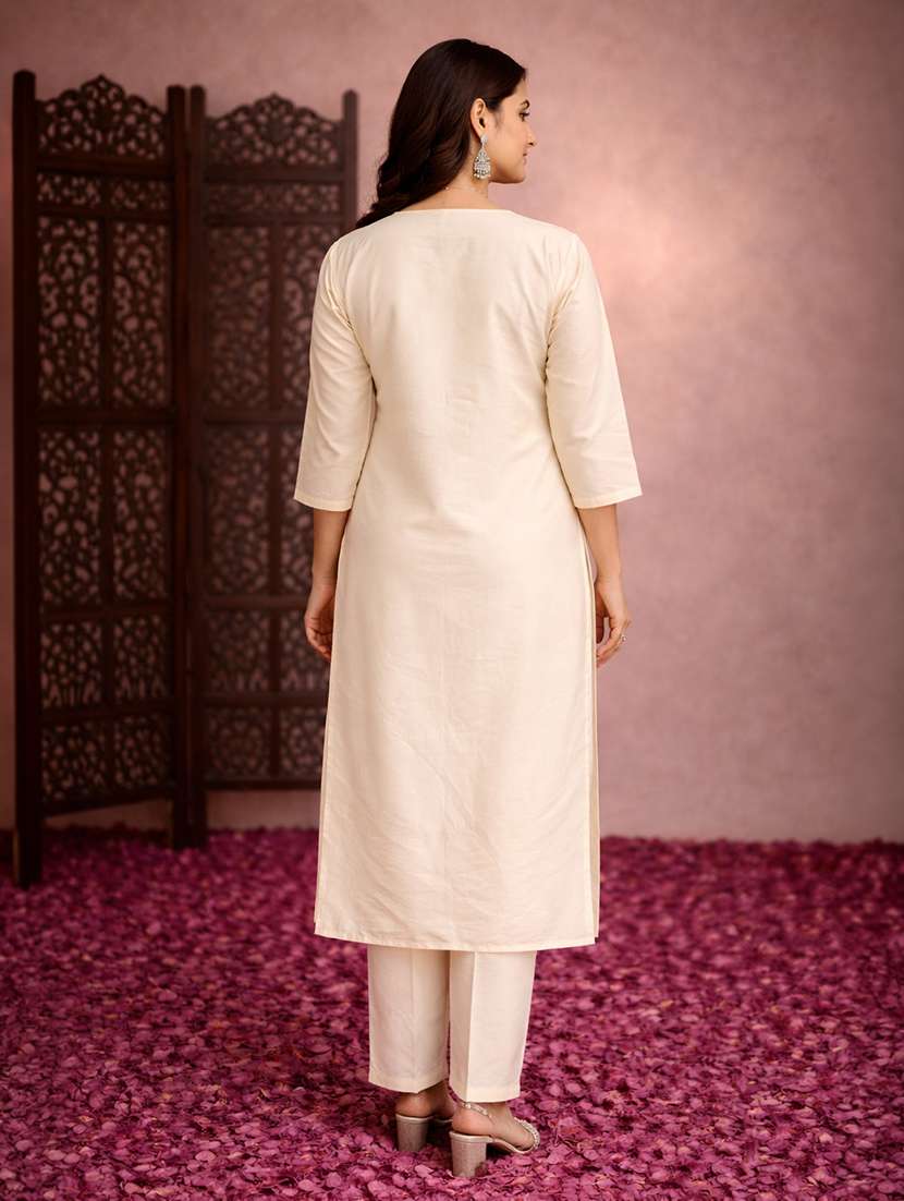 women solid with work three quarter sleeve kurta pant set - 22463153 -  Standard Image - 3