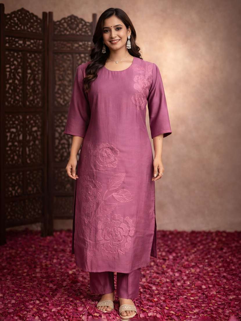 women purple silk straight ethnic dress