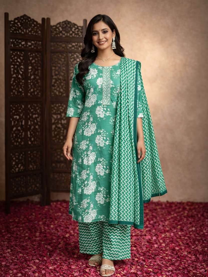 women self design sea green cotton straight ethnic dress