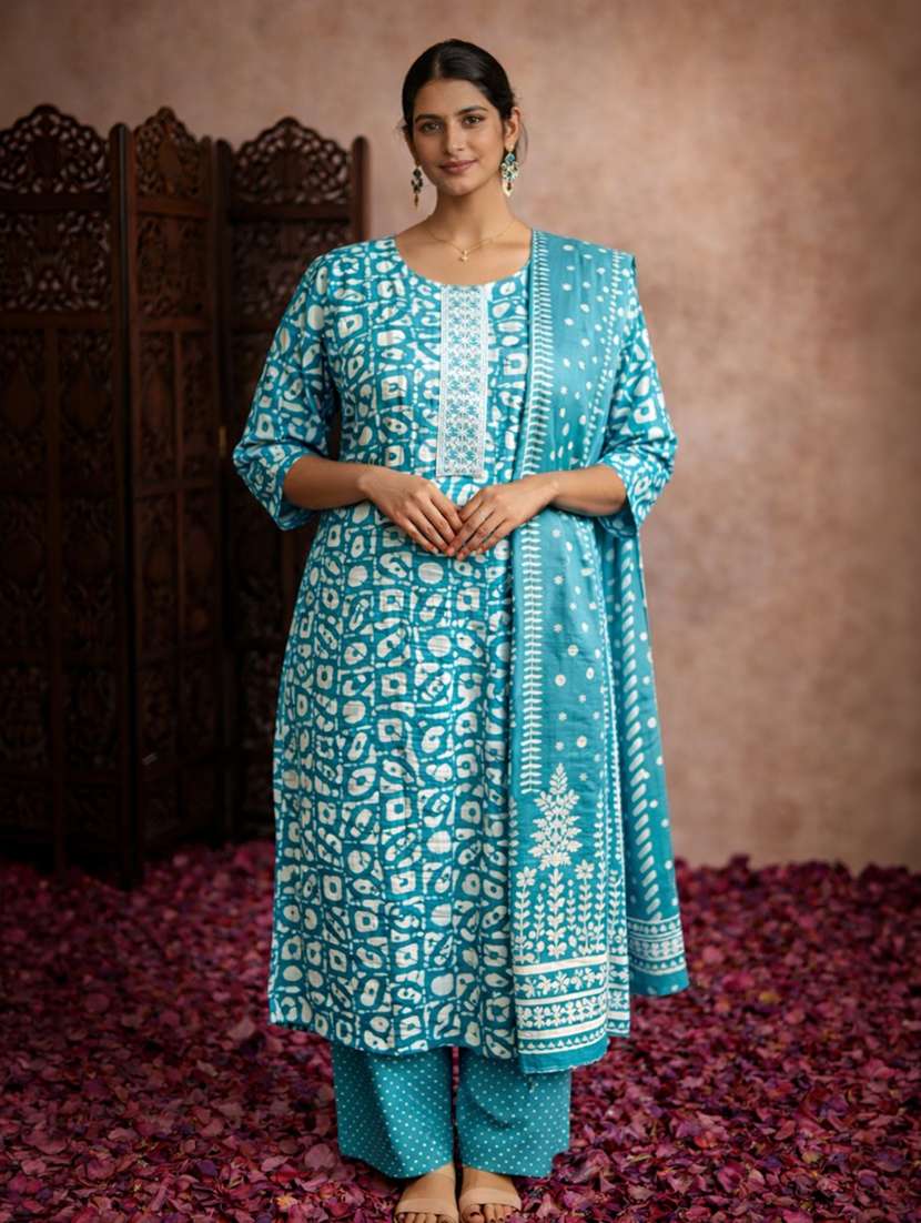 women self design teal cotton straight ethnic dress
