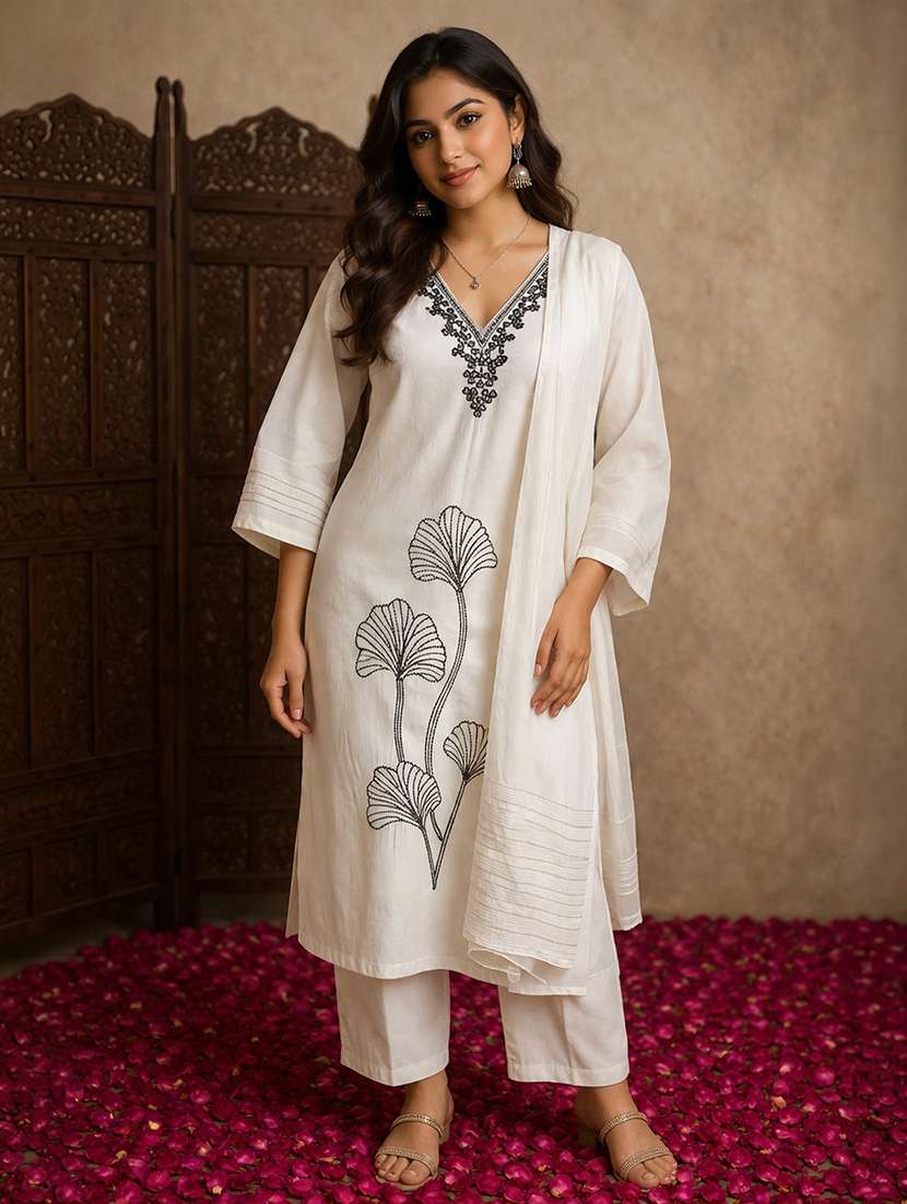 women self design cream cotton blend straight ethnic dress