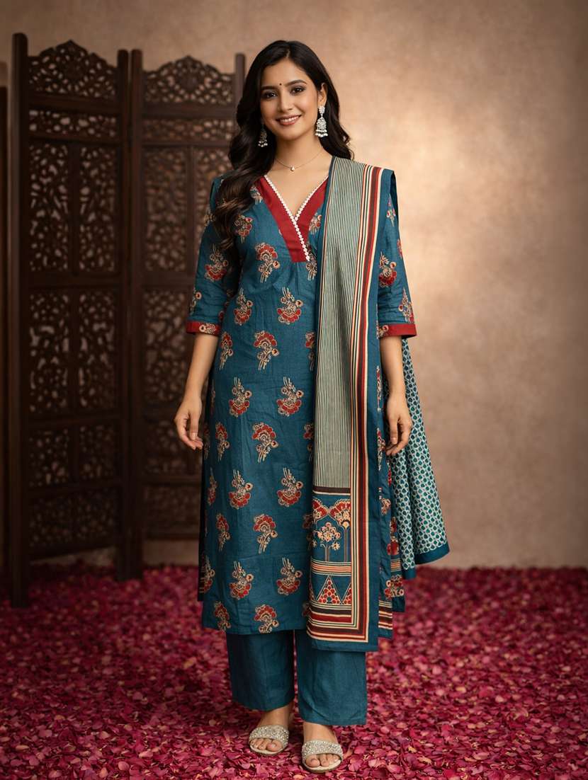 women blue cotton blend straight ethnic dress