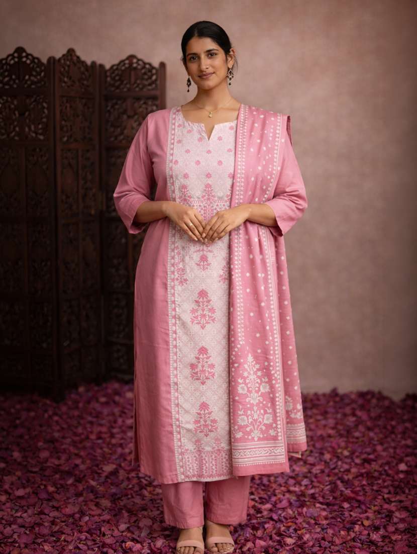 women pink cotton blend straight ethnic dress