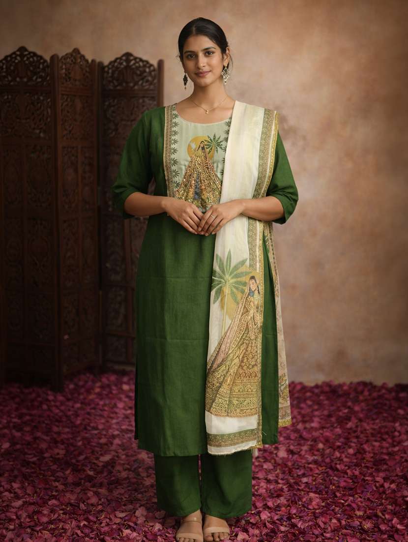 women green cotton blend straight ethnic dress