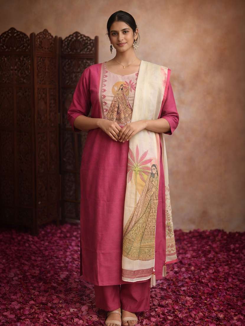 women self design pink cotton blend straight ethnic dress