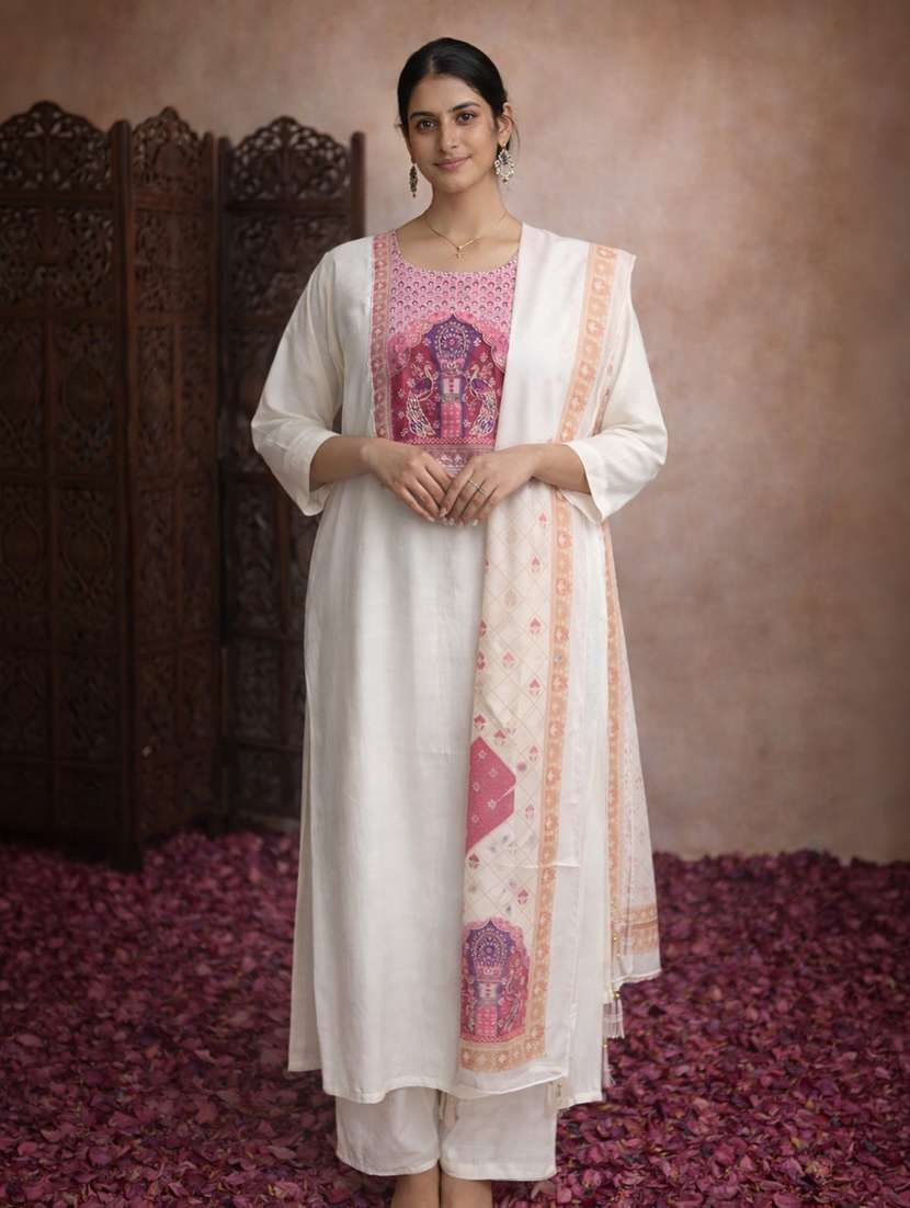 women cream cotton blend straight ethnic dress