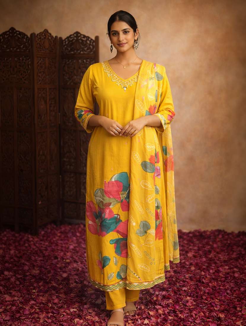 women yellow cotton straight ethnic dress