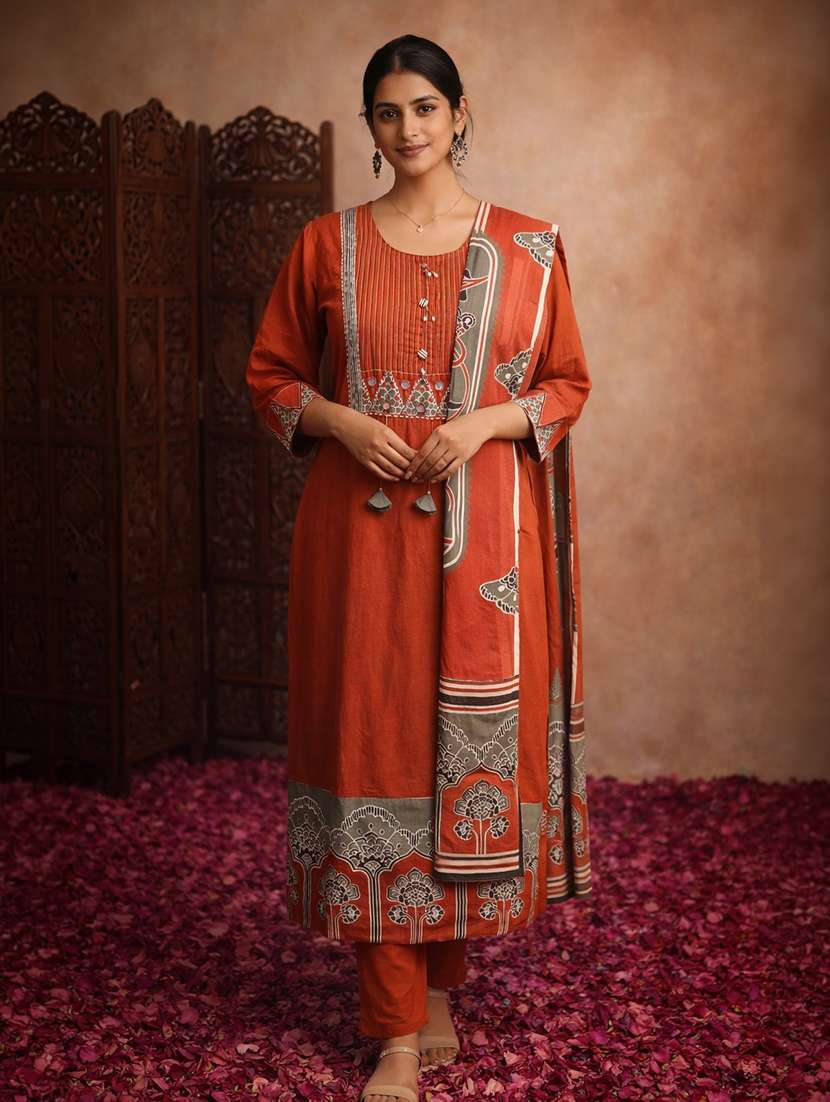 women floral rust cotton straight ethnic dress