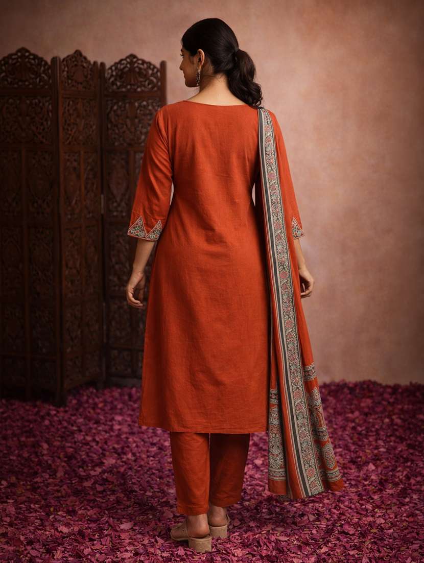 women floral rust cotton straight ethnic dress - 22463195 -  Standard Image - 3