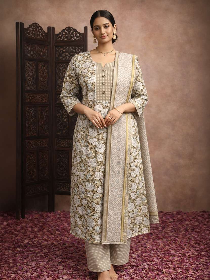 women green cotton straight ethnic dressbeige cotton straight ethnic dress