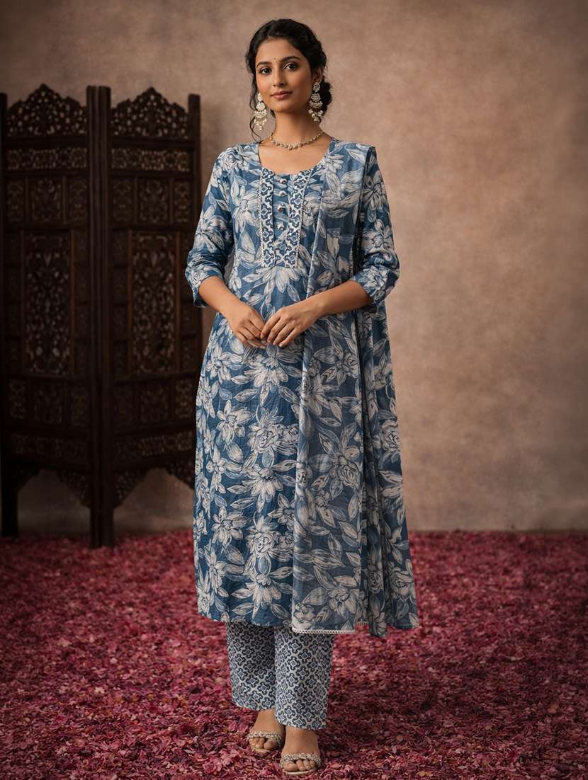 women blue cotton straight ethnic dress