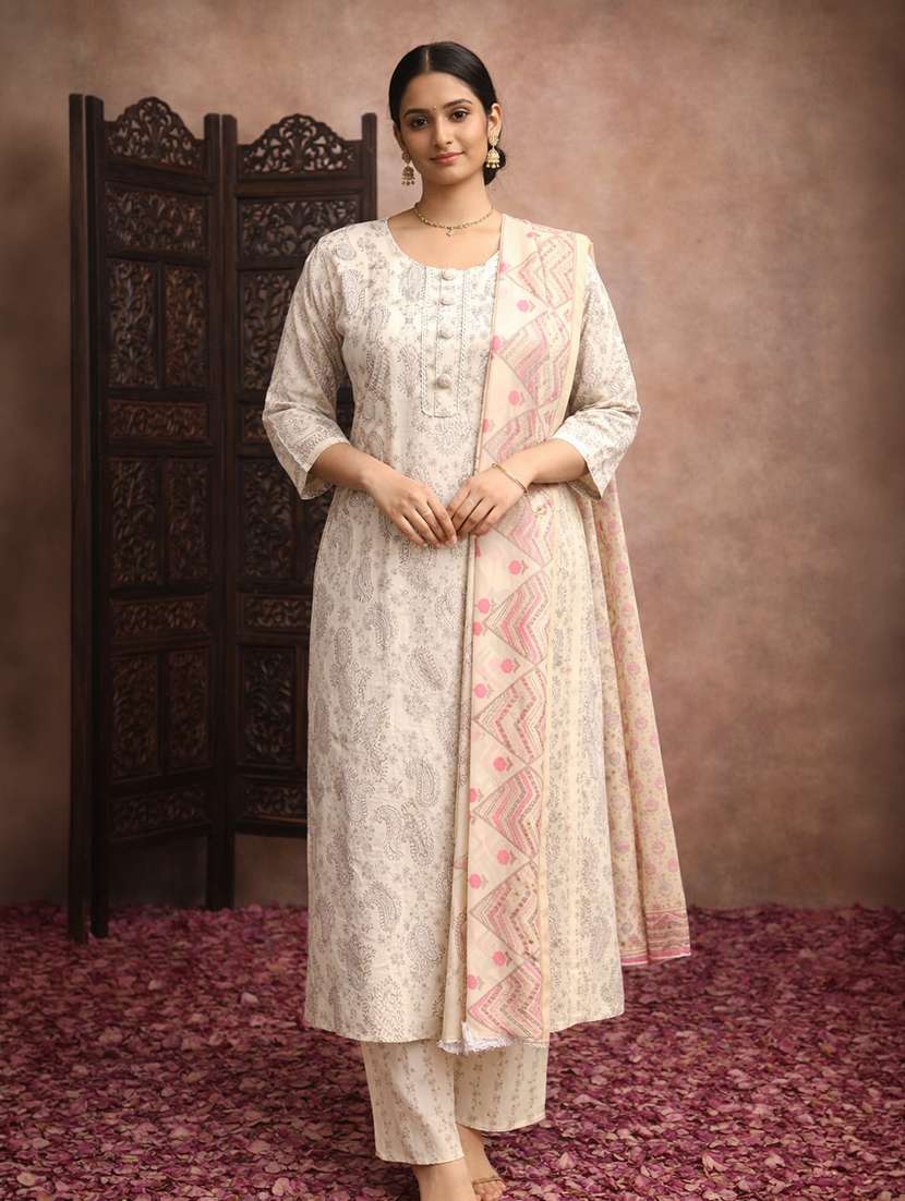 women cream cotton straight ethnic dress