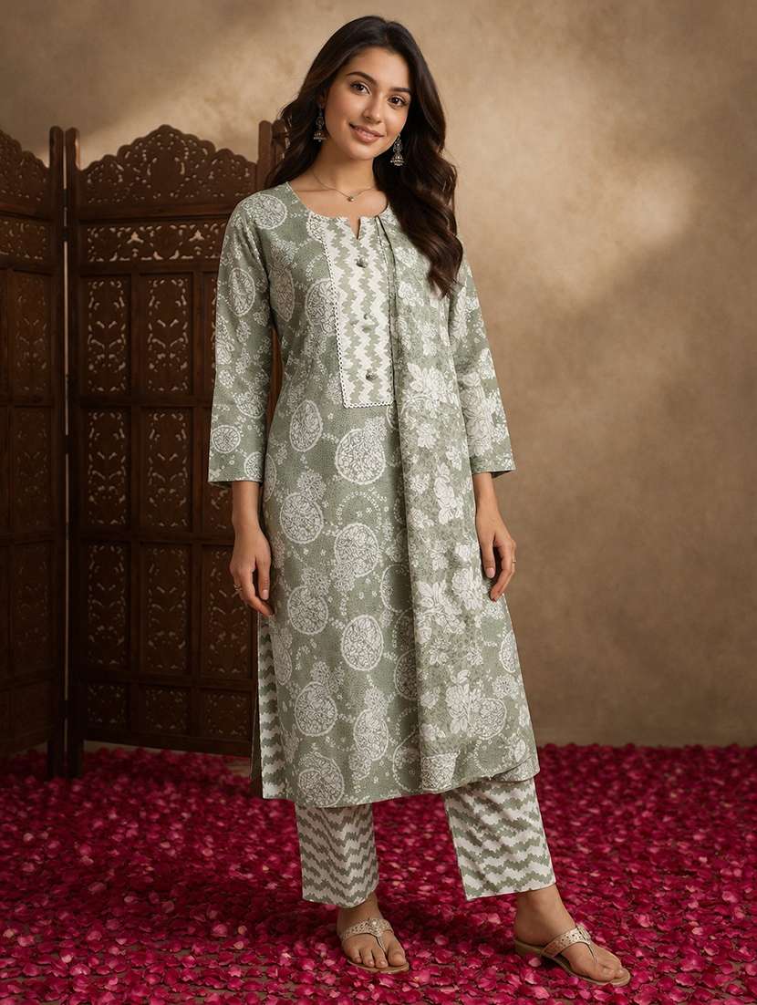 women grey cotton straight set