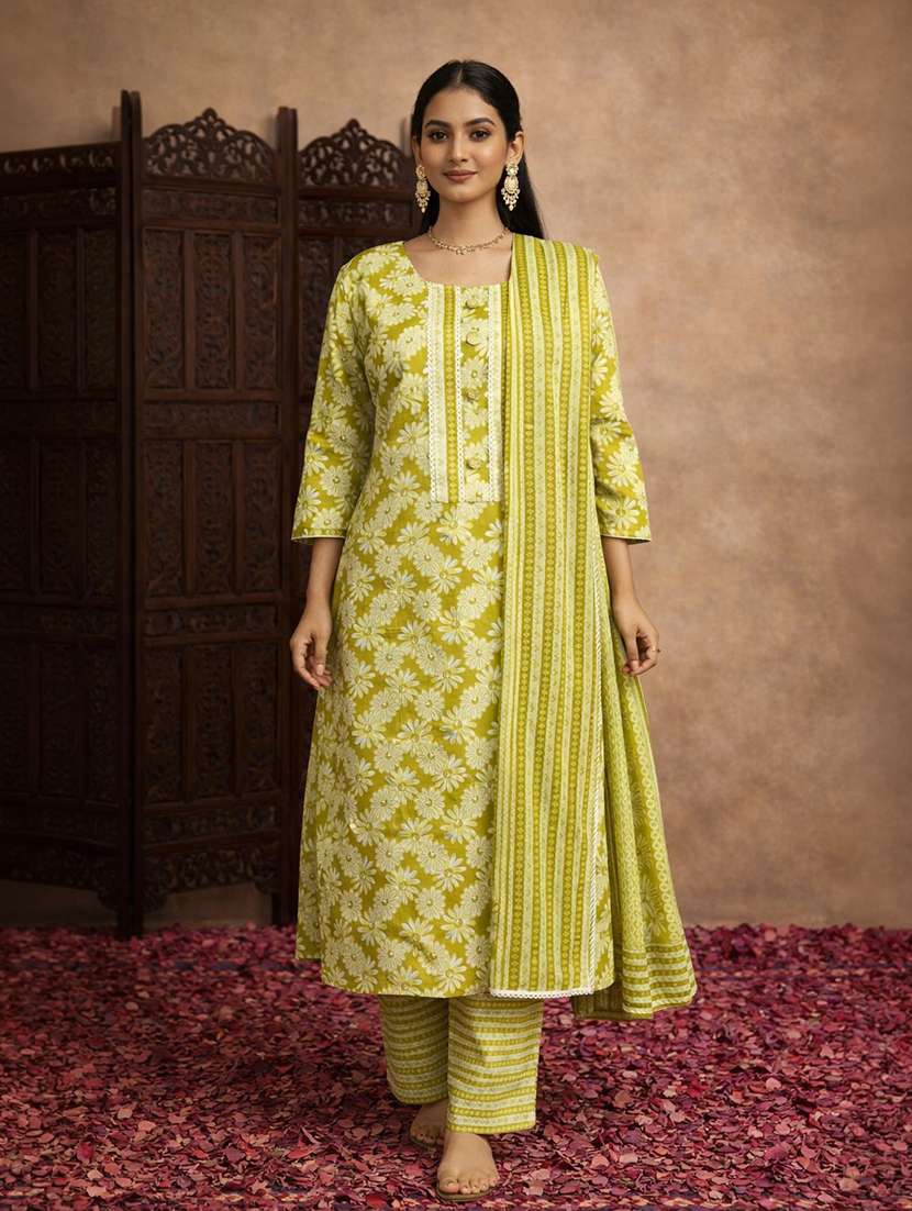 women olive cotton straight ethnic dress