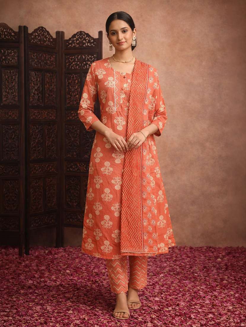 women printed orange cotton straight ethnic dress