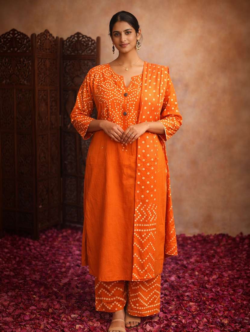 women orange cotton straight ethnic dress