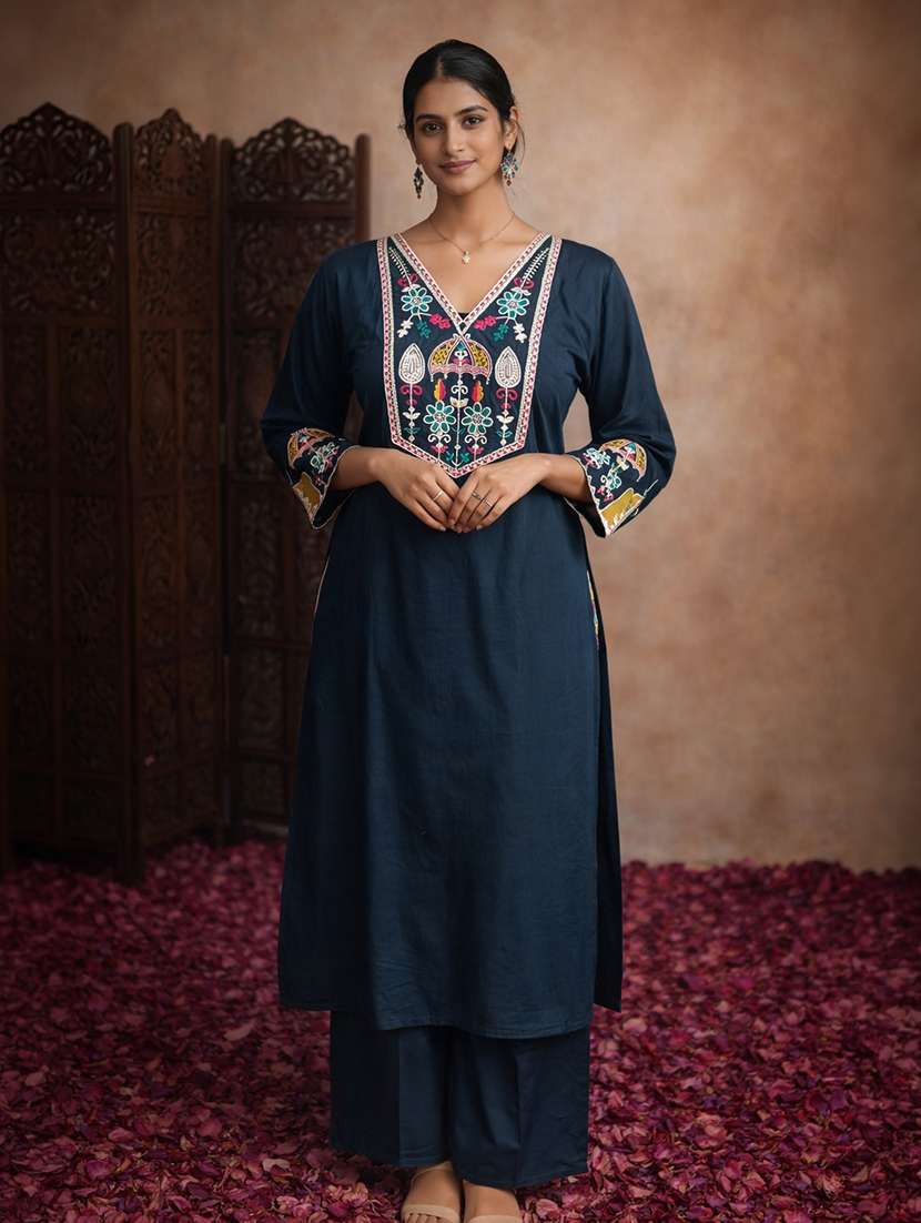 women teal cotton straight ethnic dress