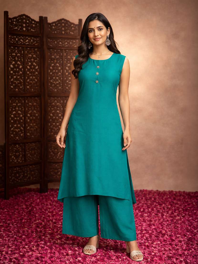 women turquoise cotton blend straight ethnic dress