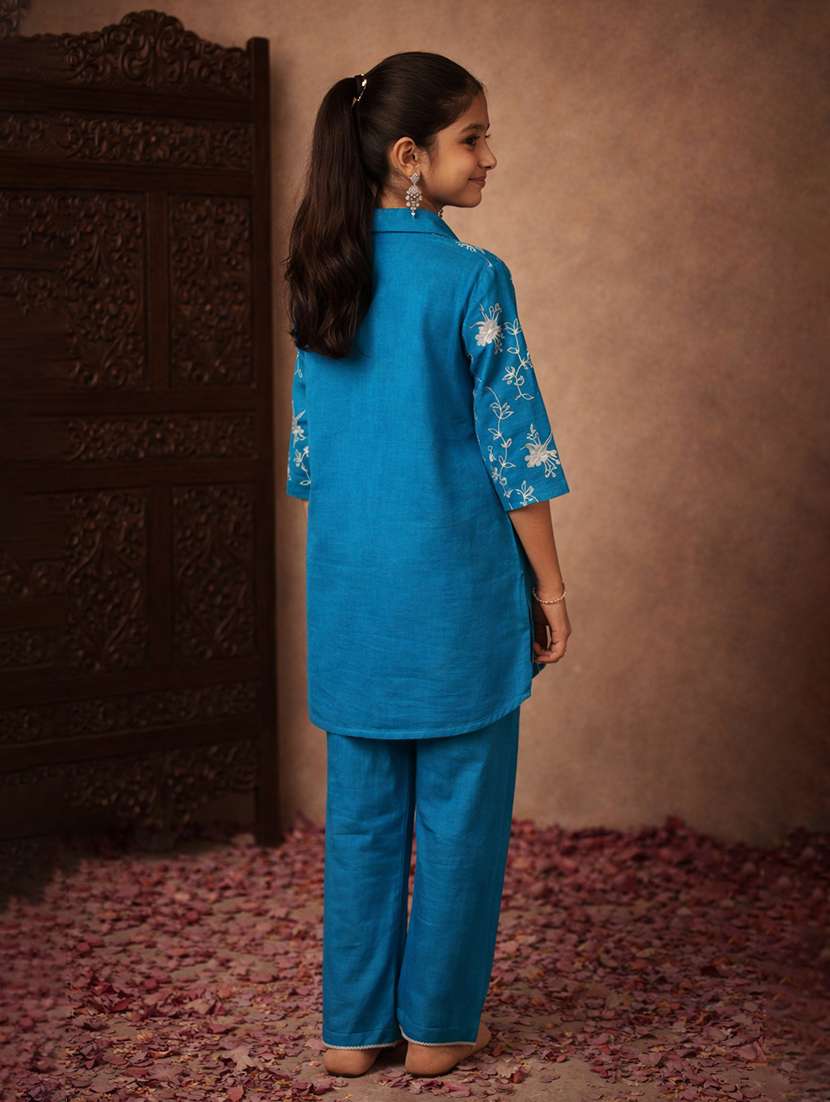 girls teal cotton blend top & trouser co-ord set - 22463228 -  Standard Image - 3