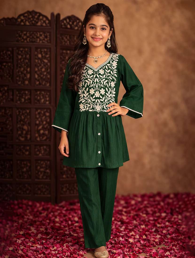 girls green cotton blend top & trouser co-ord set