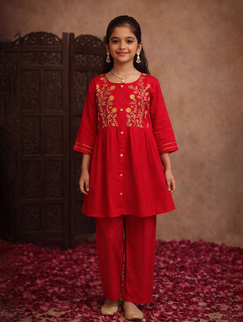 girl red cotton blend top & trouser co-ord set