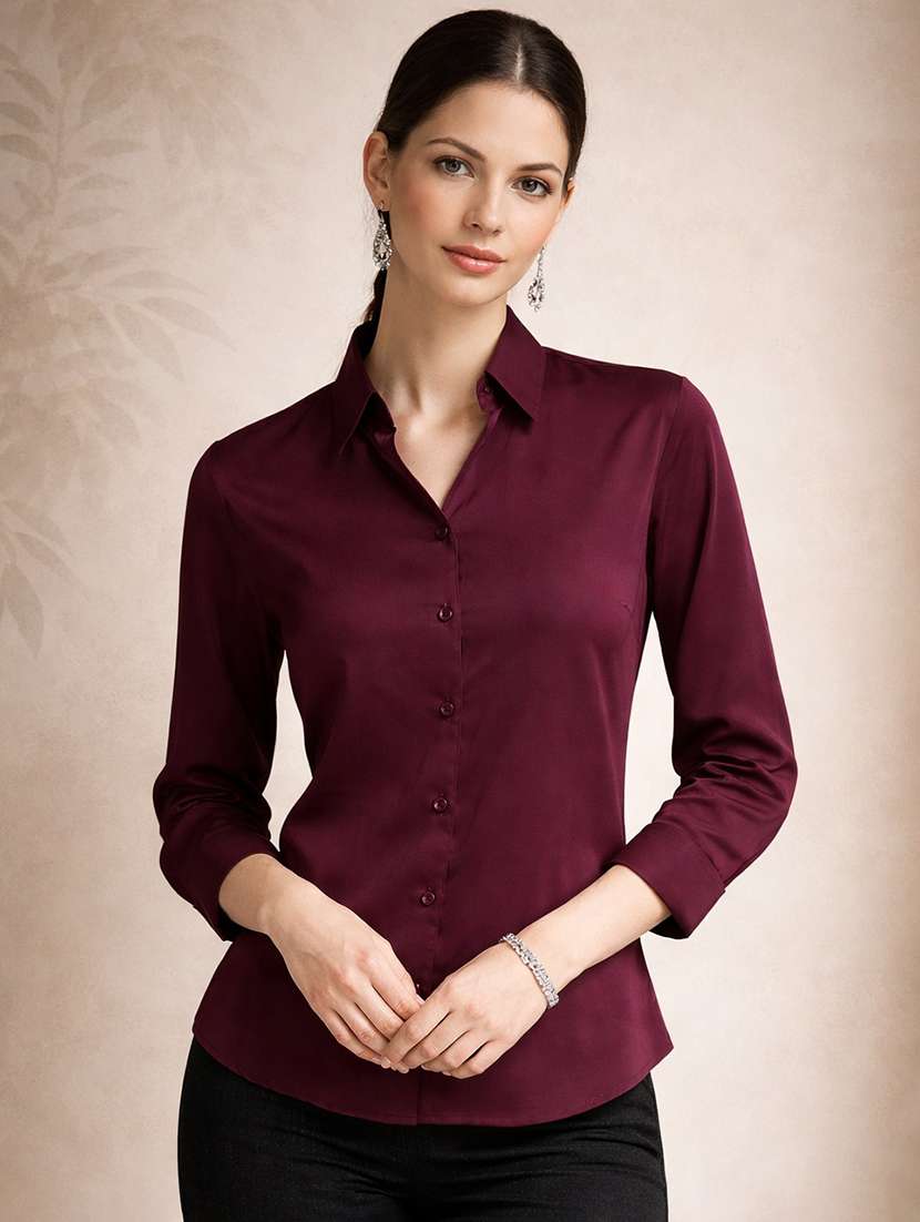 women solids maroon polyester regular shirt