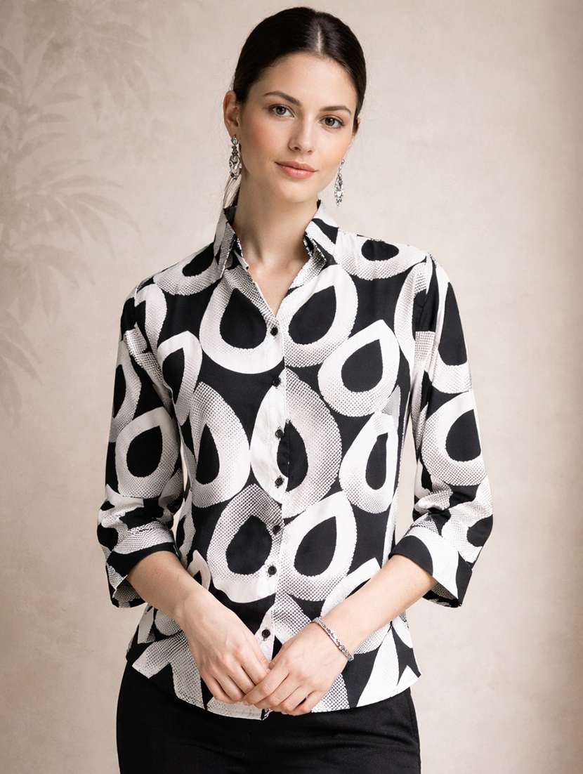 women abstract black polyester regular shirt