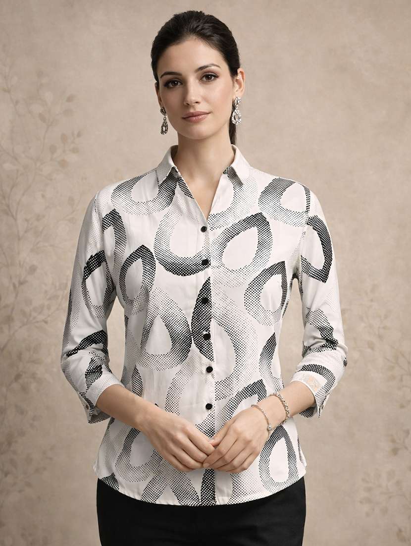 women abstarct white polyester regular shirt