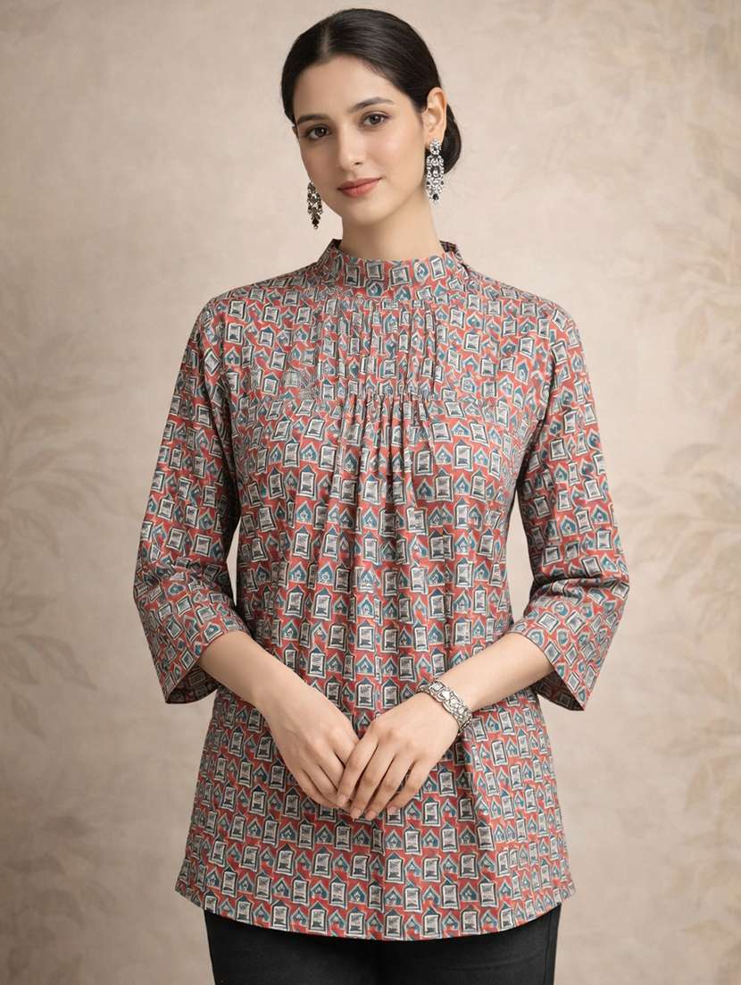 women printed maroon cotton regular top