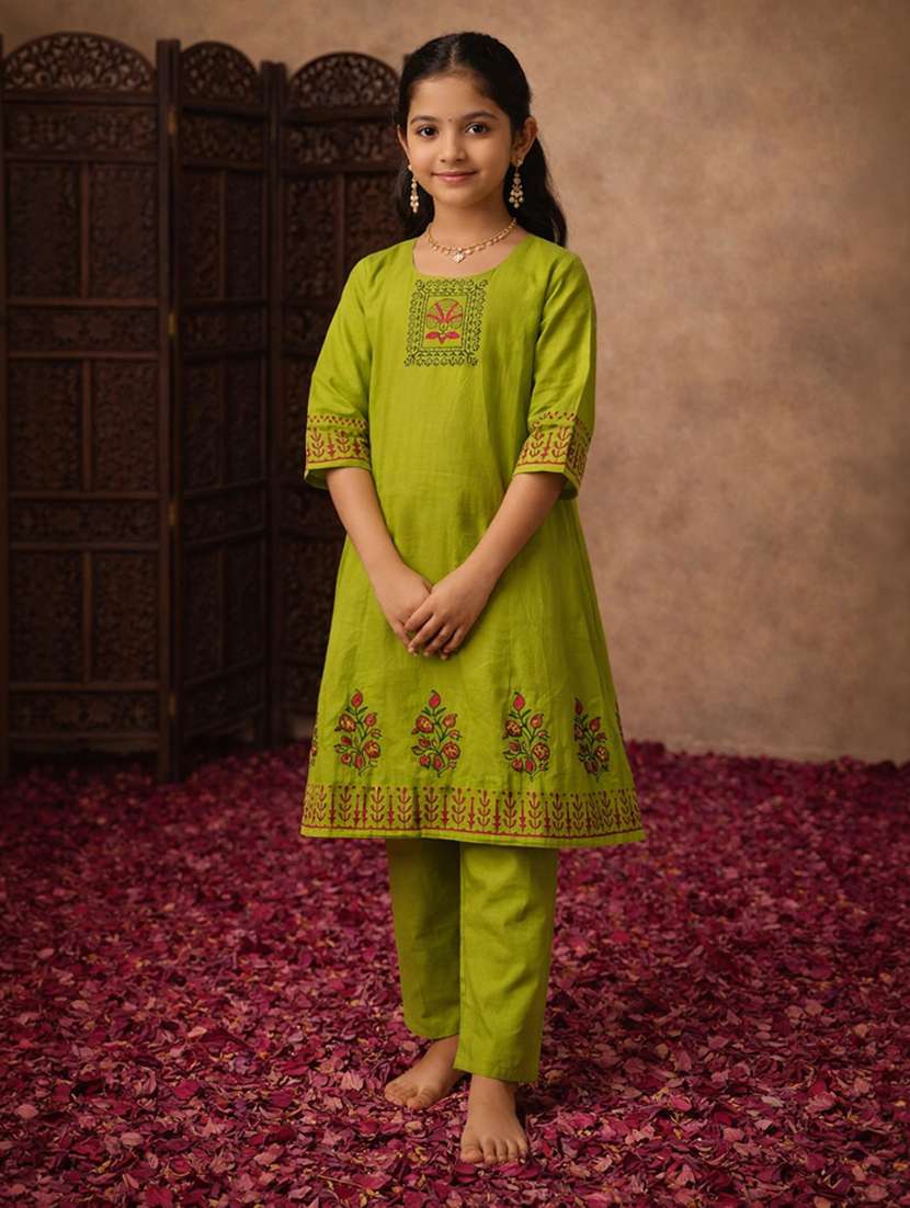 girls green rayon kurta pant set suit set