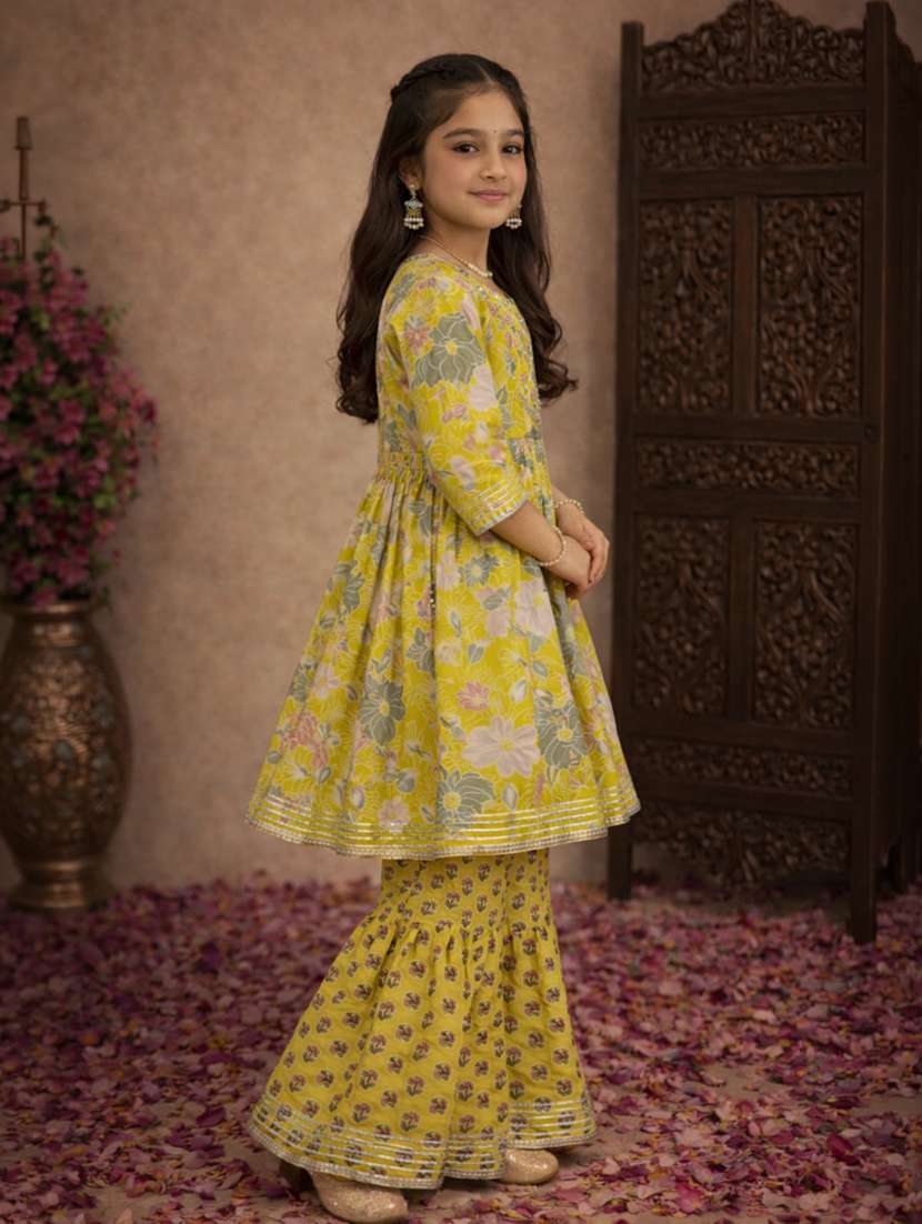 girls floral yellow cotton kurta sharara set suit set - 22463270 -  Standard Image - 3