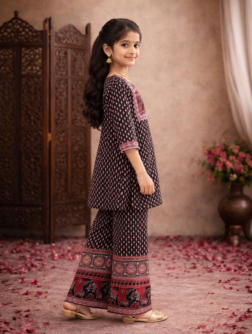 girls black cotton kurta palazzo set suit set - 22463275 -  Standard Image - 3