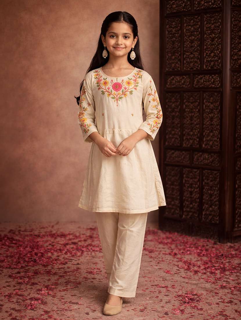 girl ethnic motif ebeige cotton blend kurta pant set suit set