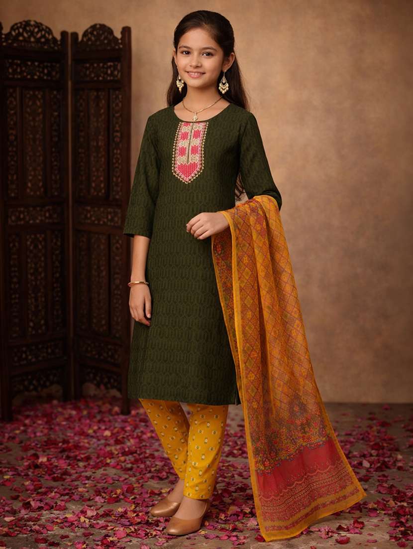girl green cotton straight kurti