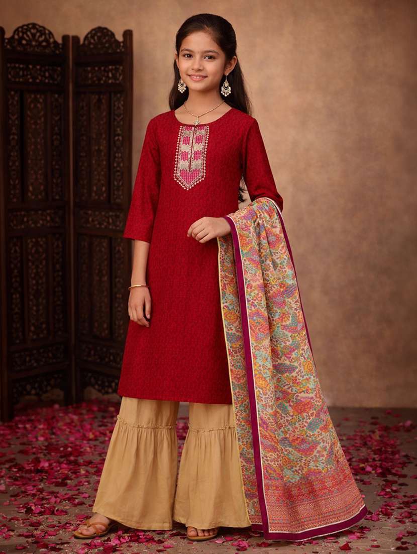 girls maroon cotton straight kurti